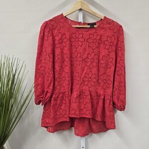 Halogen Red Cotton Eyelet Peplum Top Floral Lace 3/4 Sleeve Blouse Small